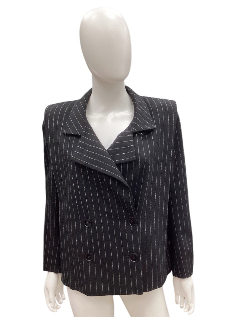Searle Women’s Blazer Size M Wool Pinstripe Buttons Shoulder PadsBlackAnd White